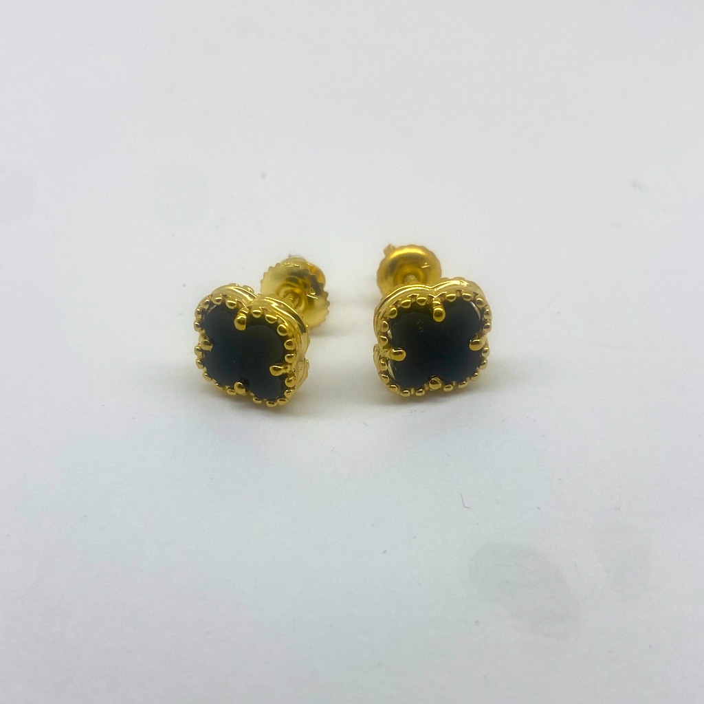 Elegant 14k Solid Yellow Gold Black Agate Four Leaf Clover Earrings